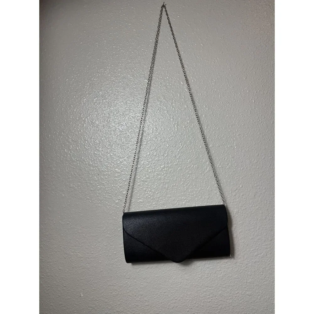 Black Satin Envelope Clutch with Silver Chain